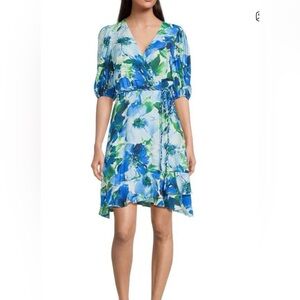 Alex Marie Floral High Low Dress in Blue White and Green